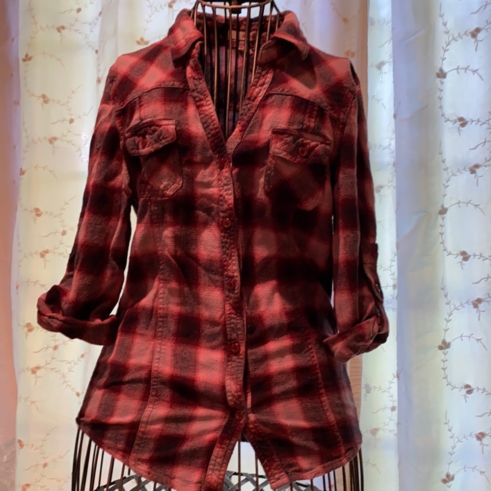 ~Bongo~ Burgundy Plaid 3/4 Length Shirt